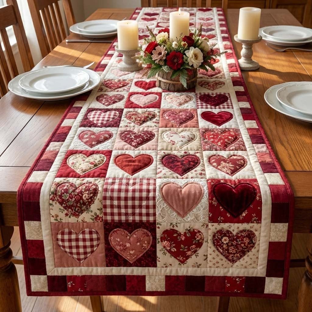 Pink Hearts in Gingham Squares Table Runner