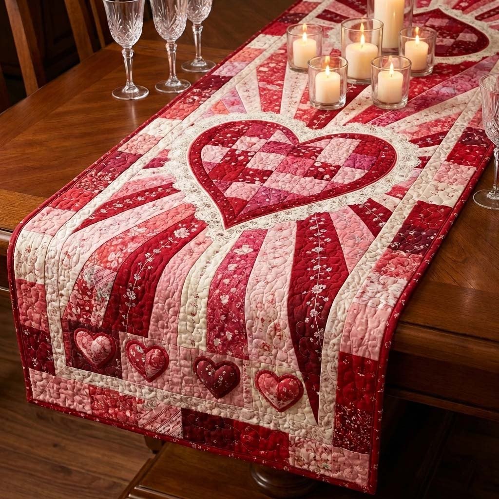 Red Hearts on Striped Fans Table Runner