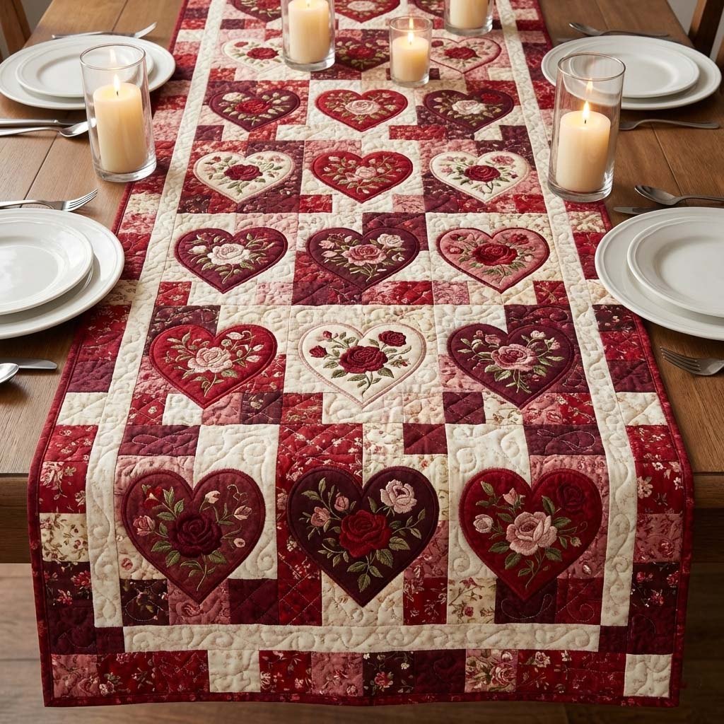 Red Calico Hearts on Cream Table Runner