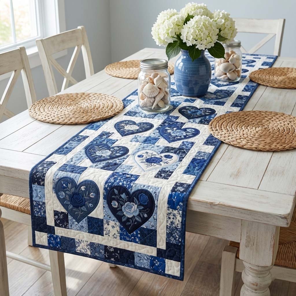 Blue and White Heart Squares Table Runner