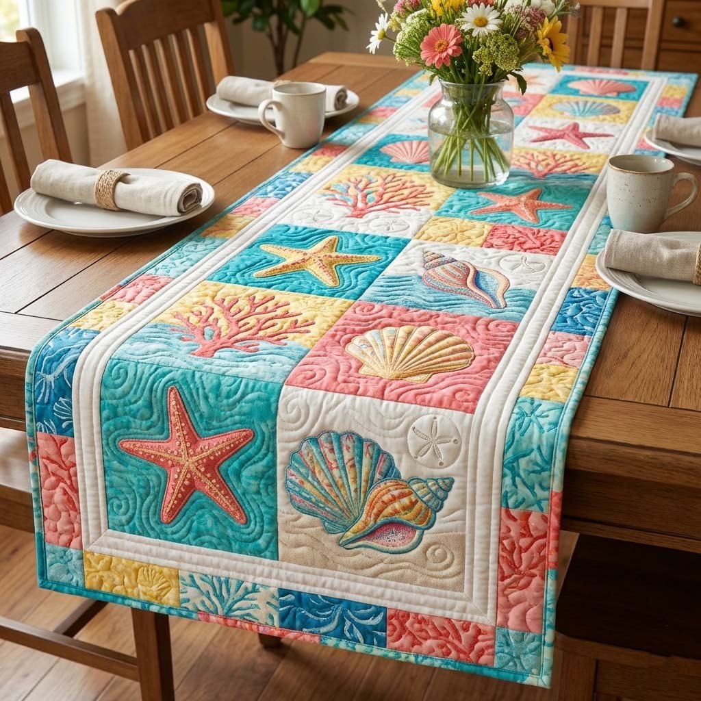 Starfish and Shells in Pastel Squares Table Runner