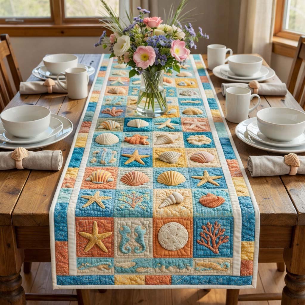 Seashell Blocks on Blue Border Table Runner