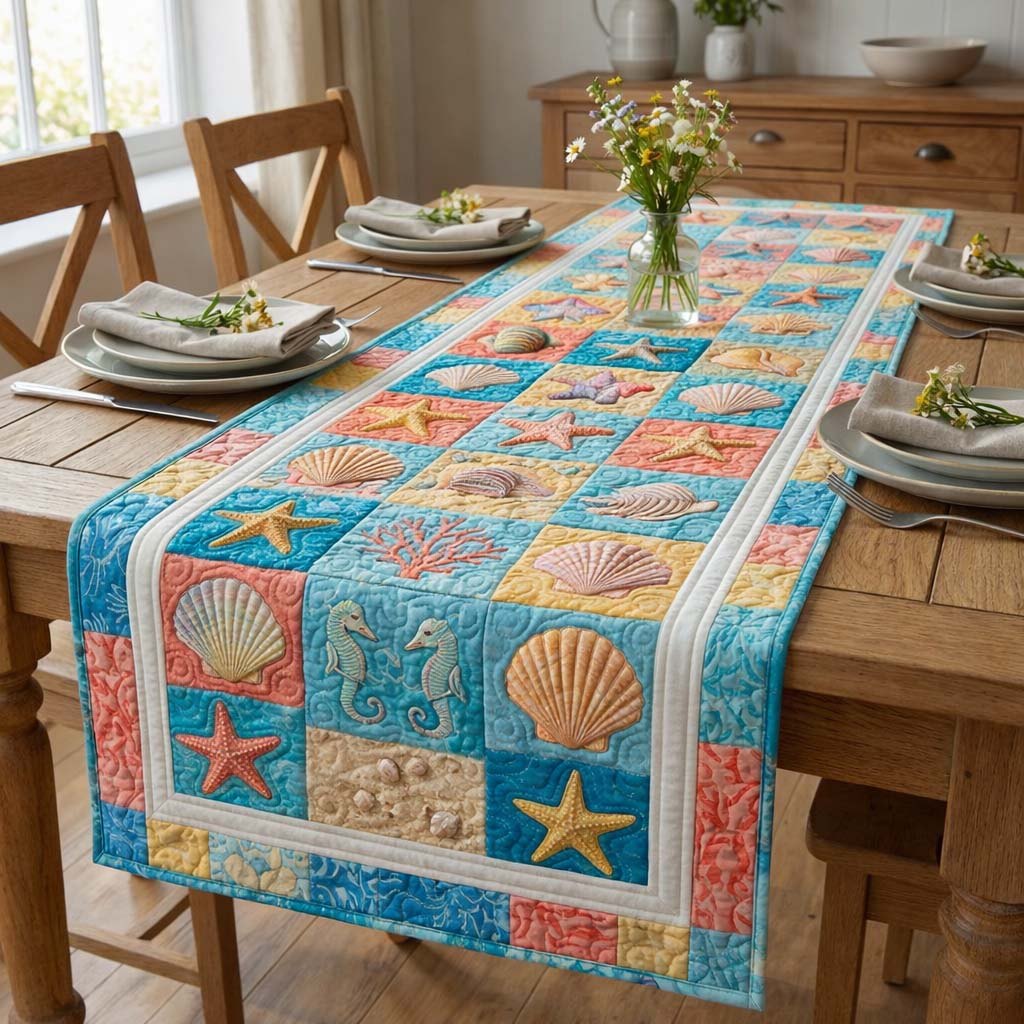 Shell Squares in Aqua and Coral Table Runner