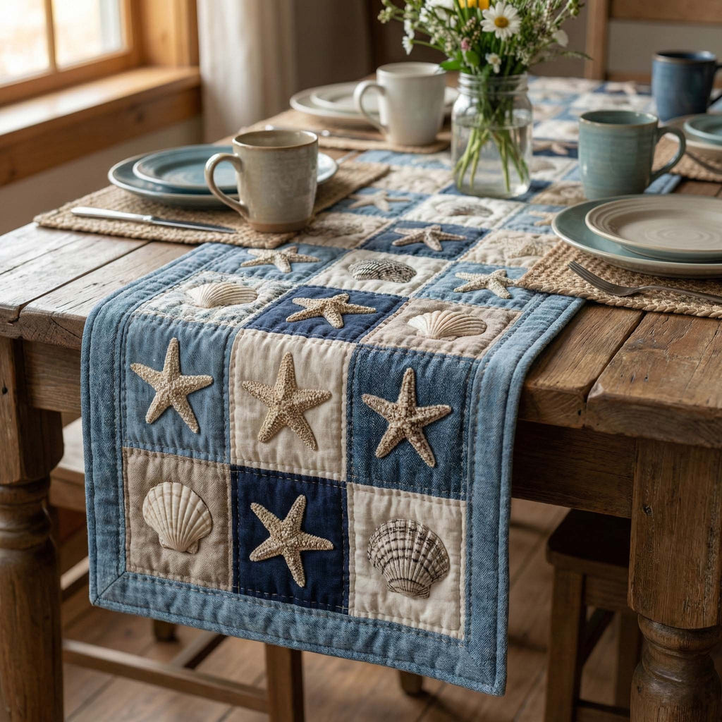 Cream Shells on Blue Checkerboard Table Runner