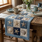 Cream Shells on Blue Checkerboard Table Runner