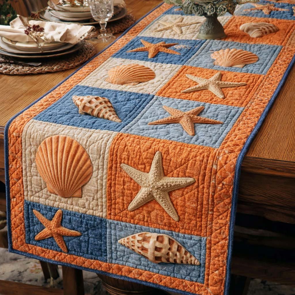Shells and Starfish on Orange Table Runner