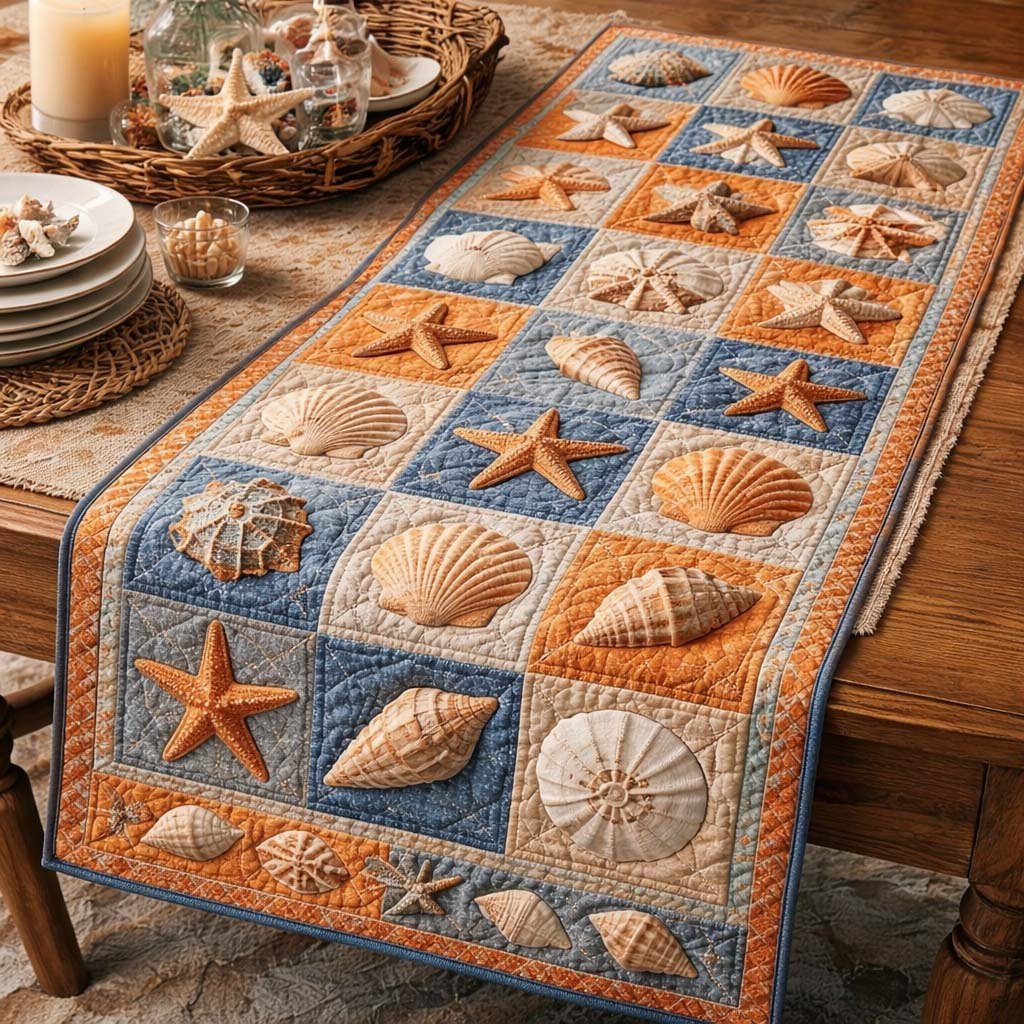 Coral and Blue Shell Blocks Table Runner