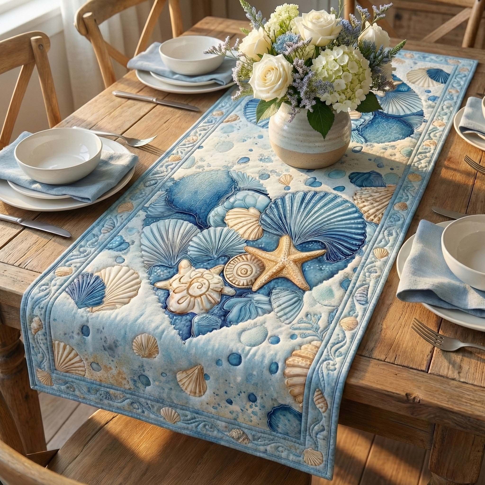 Blue Shells and Starfish Tiles Table Runner