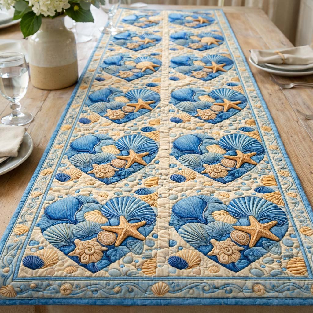 Blue Shell Diamonds on White Table Runner