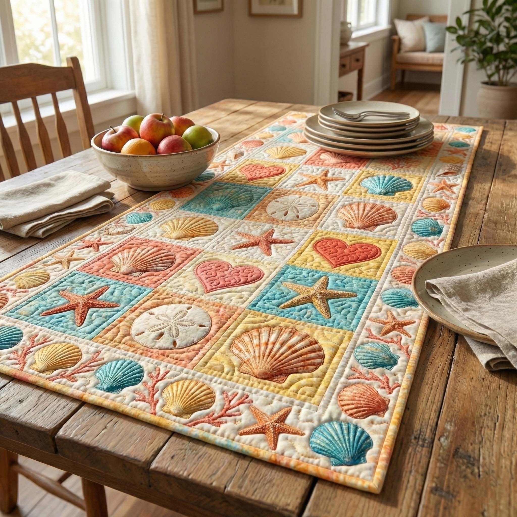Shells and Hearts in Pastel Grid Table Runner