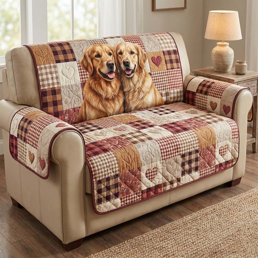 Two Golden Retrievers on Red Plaid Sofa Cover