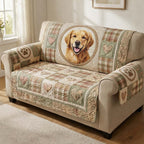 Golden Retriever on Sage Plaid Sofa Cover
