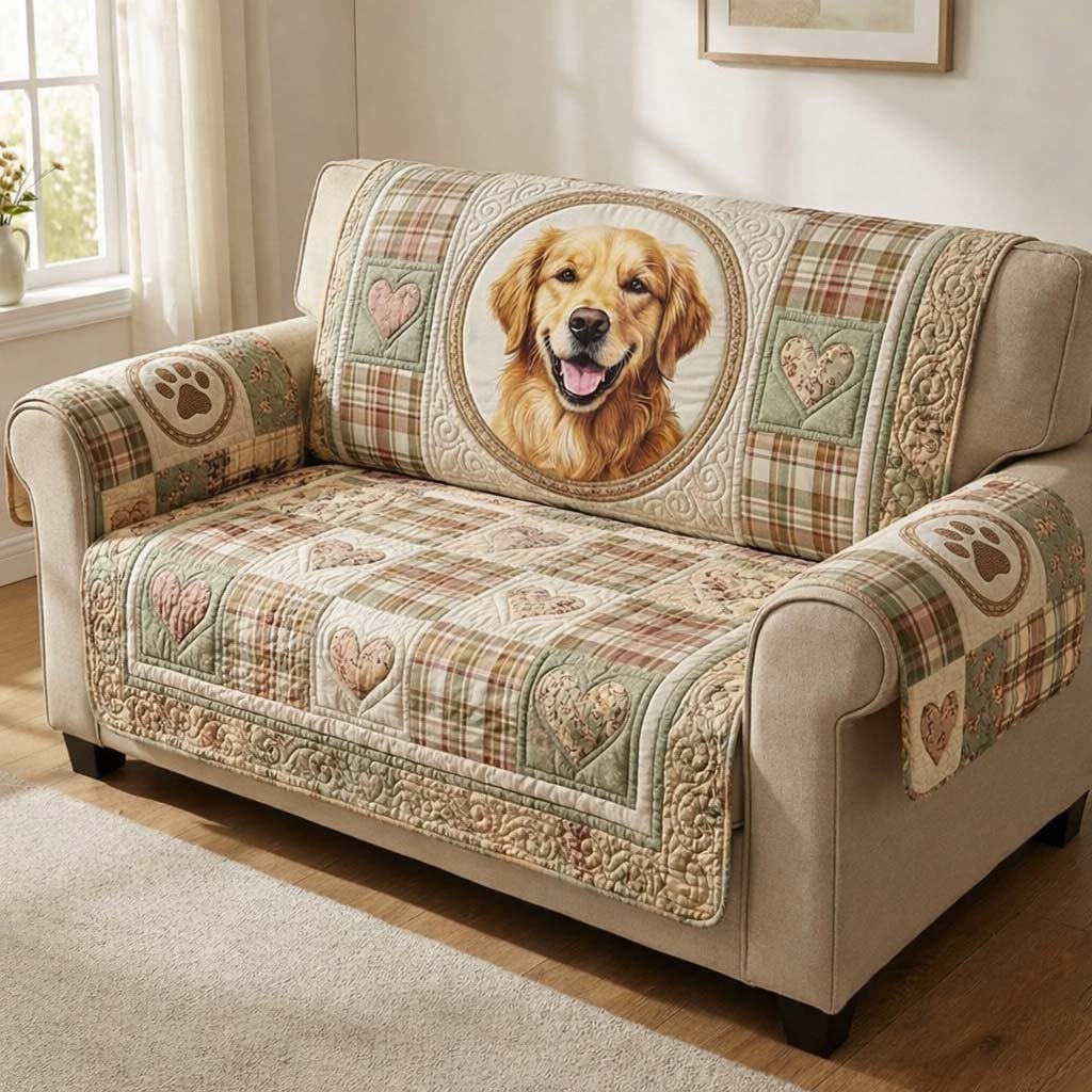 Golden Retriever on Sage Plaid Sofa Cover