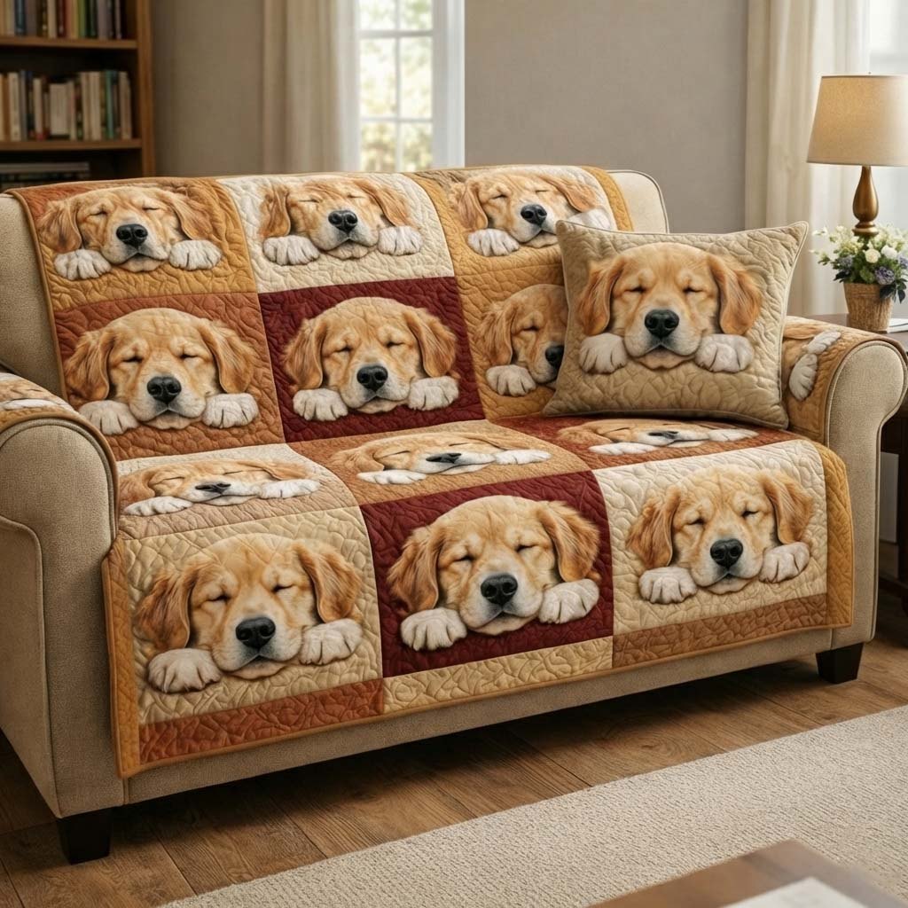 Golden Retriever Puppies in Red Blocks Sofa Cover
