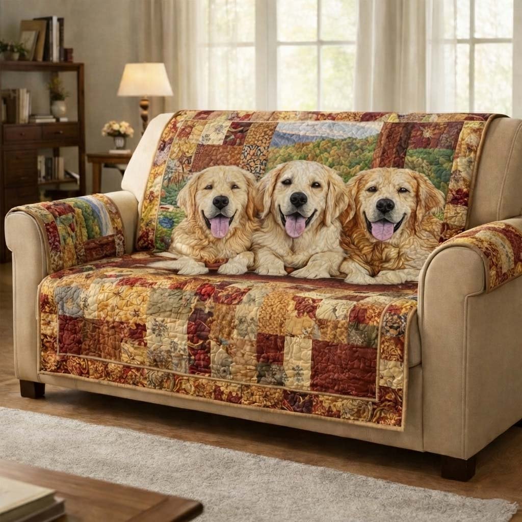Three Golden Retrievers on Warm Patchwork Sofa Cover