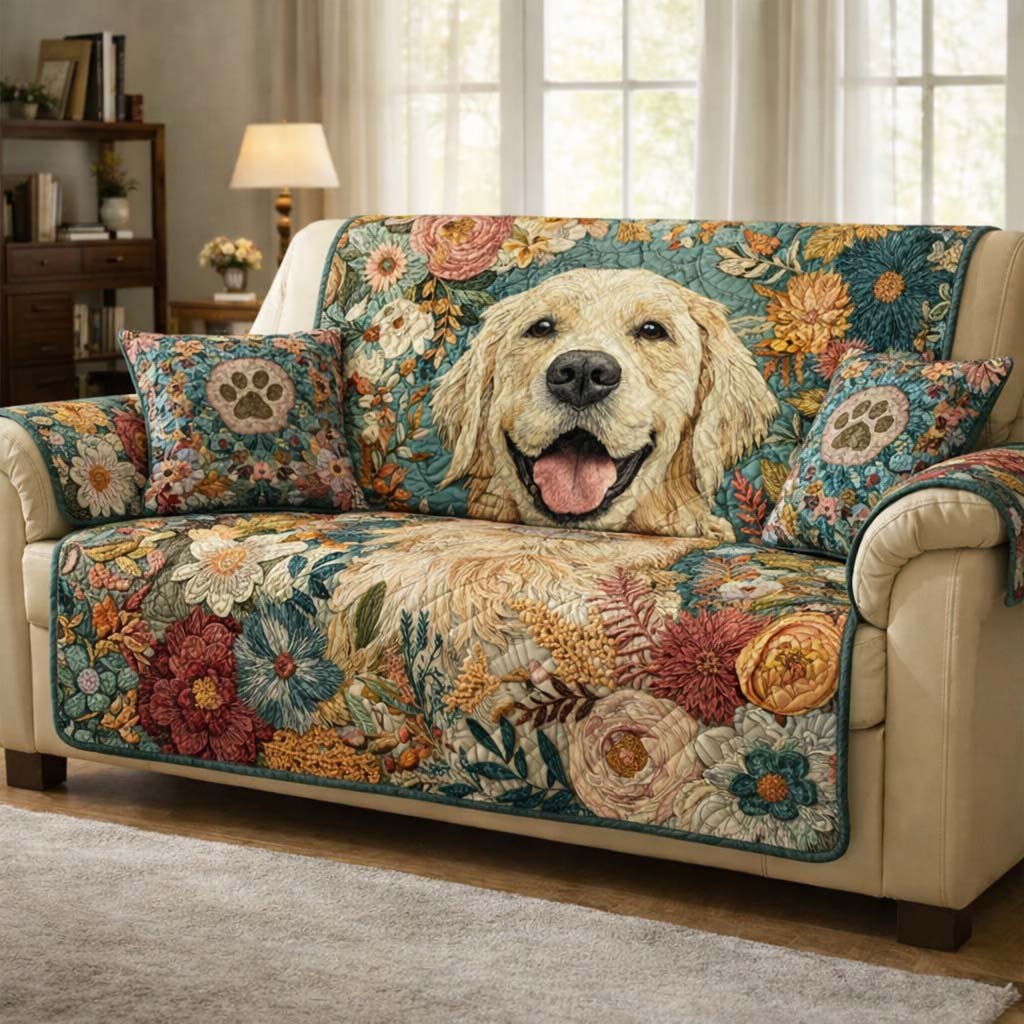 Golden Retriever on the Floral Quilt Sofa Cover