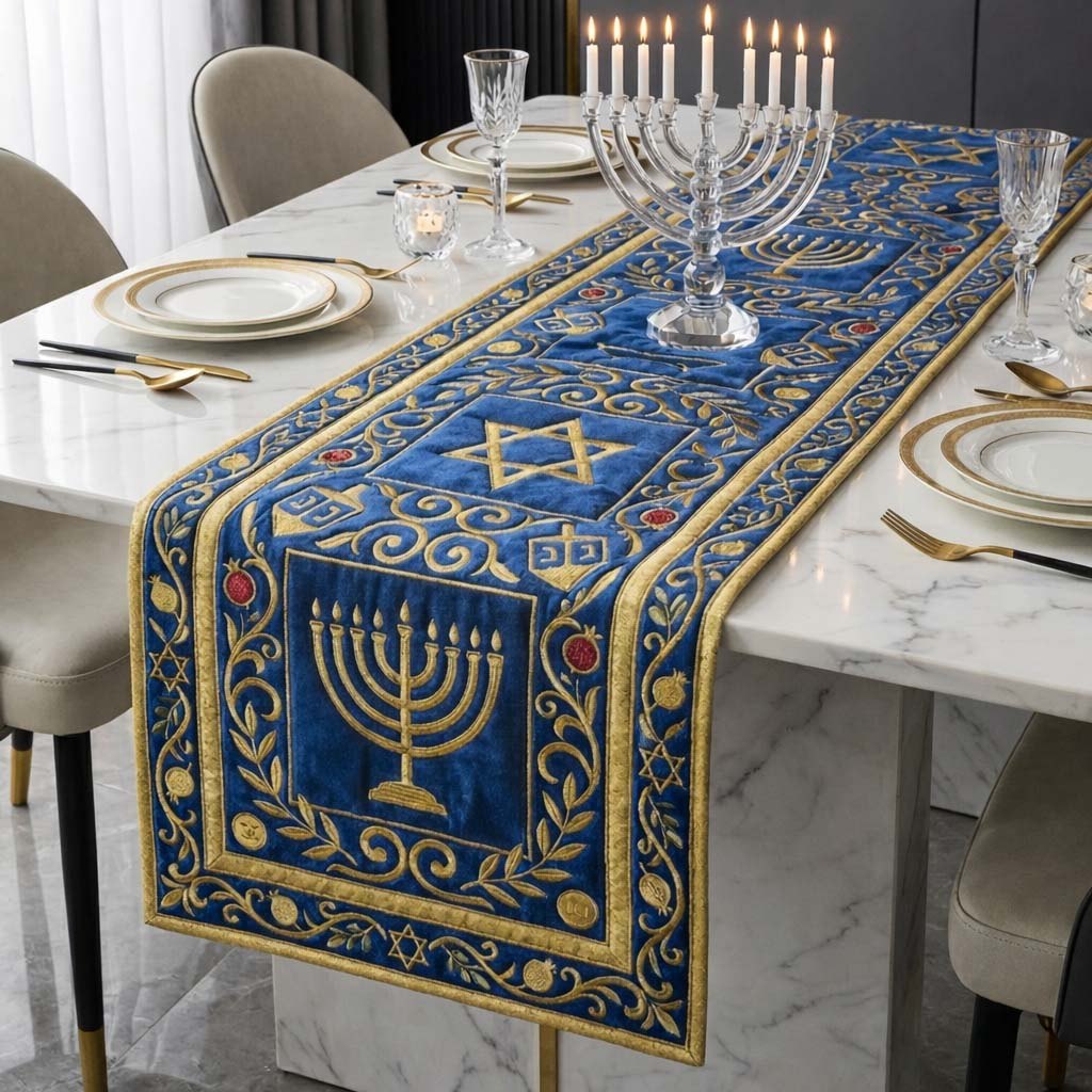Gold Menorah and Star on Blue Table Runner