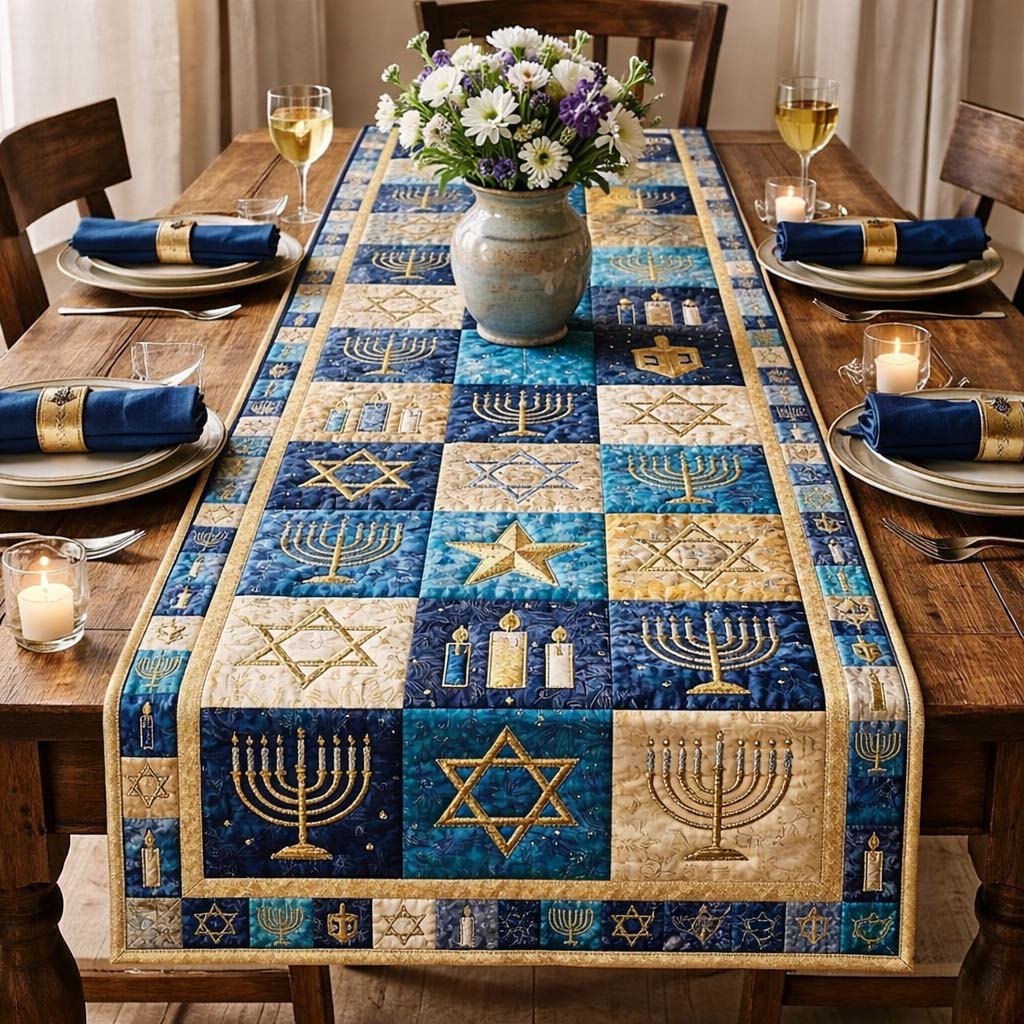 Menorah and Star Checkerboard in Blue Table Runner