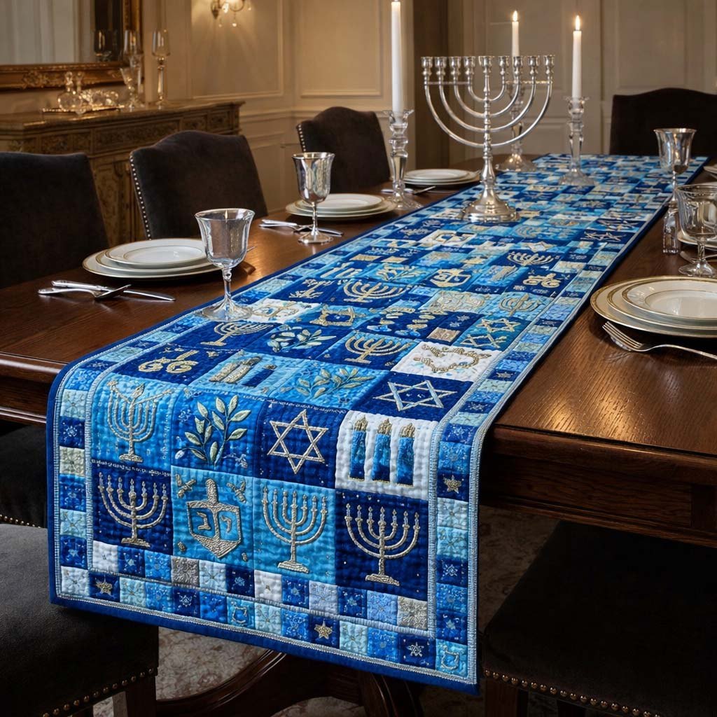 Blue Menorah Blocks with Stars Table Runner