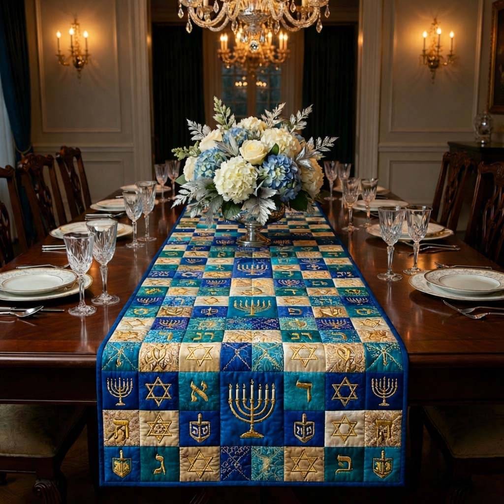 Gold Hanukkah Symbols on Blue Grid Table Runner