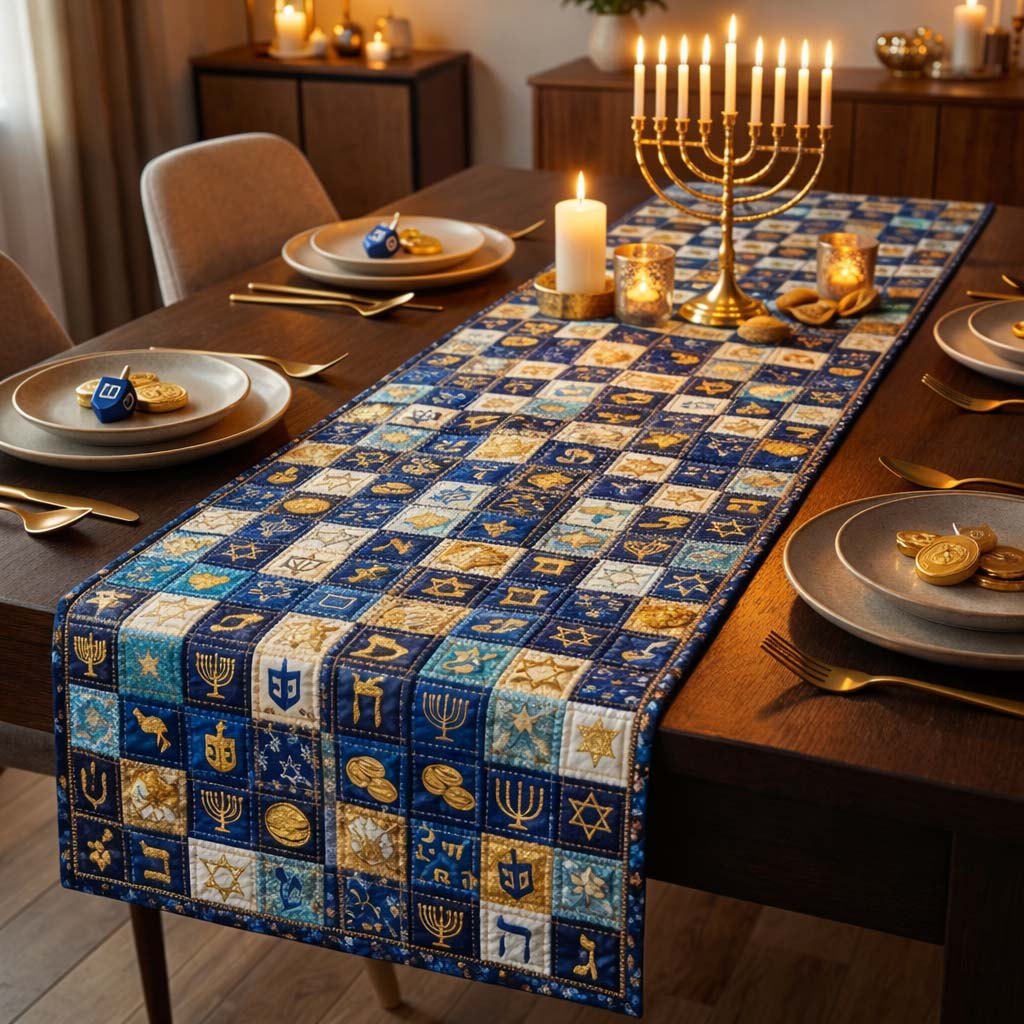 Blue and Gold Holiday Tiles Table Runner