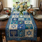 Menorah and Dreidel Blue Squares Table Runner