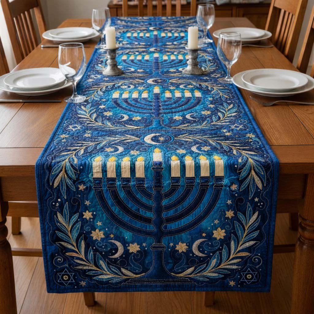 Menorah on Royal Blue with Moon Table Runner
