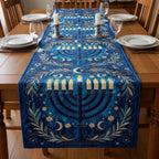 Menorah on Royal Blue with Moon Table Runner
