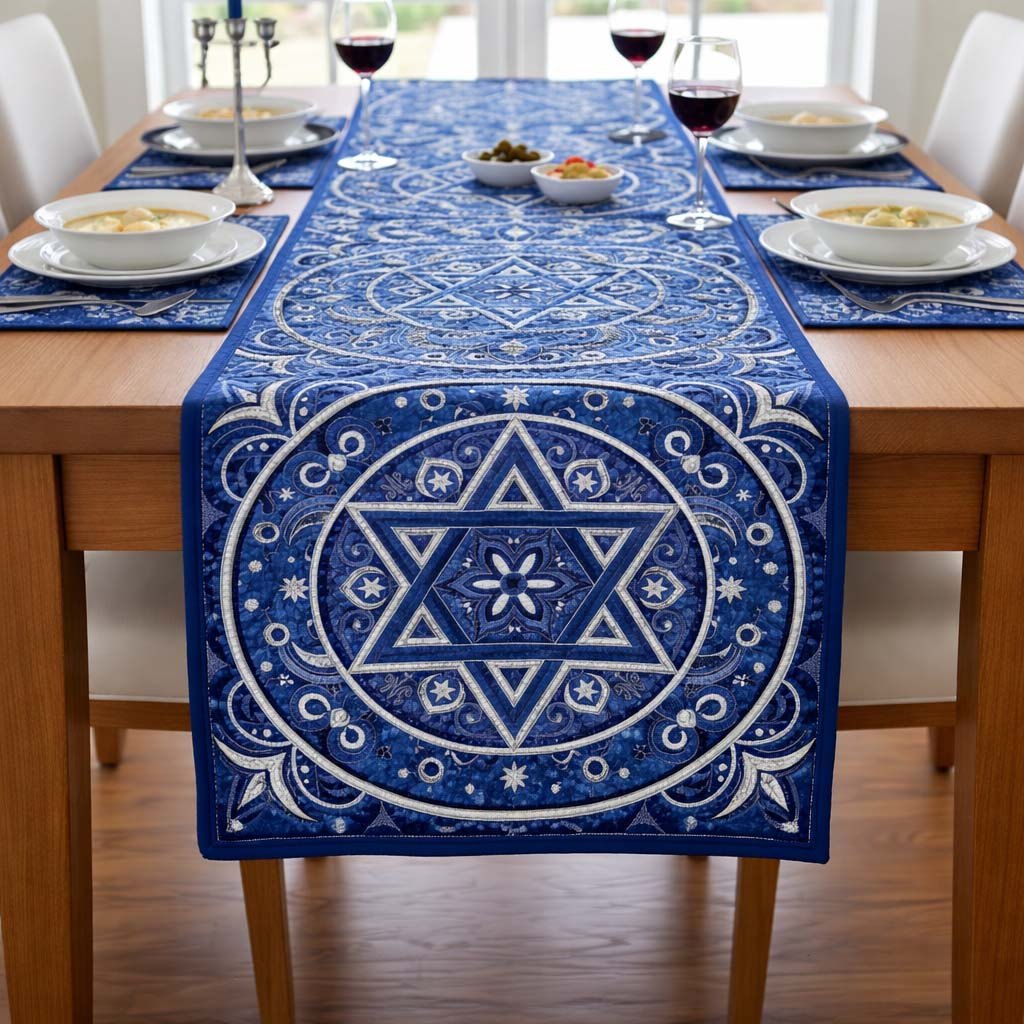 Star of David Mandala on Blue Table Runner