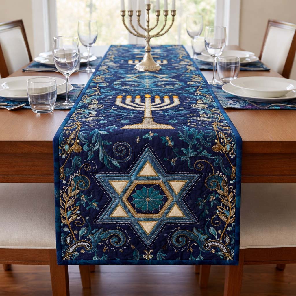 Star of David with Menorah Swirls Table Runner