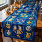 Menorah with Dreidels and Jugs Table Runner