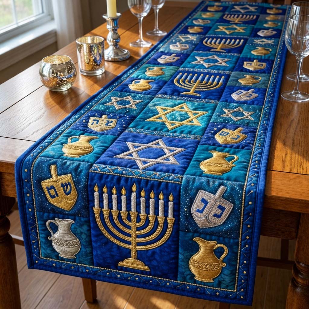 Menorah with Dreidels and Jugs Table Runner
