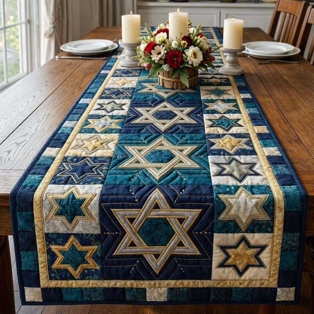 Star Blocks in Teal and Cream Table Runner