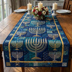 Rows of Menorahs on Blue Blocks Table Runner