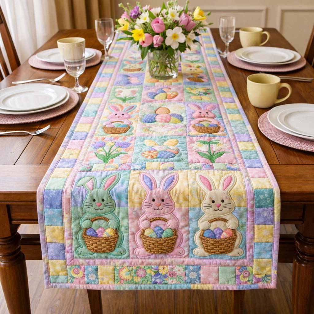 Three Bunnies with Egg Baskets Table Runner