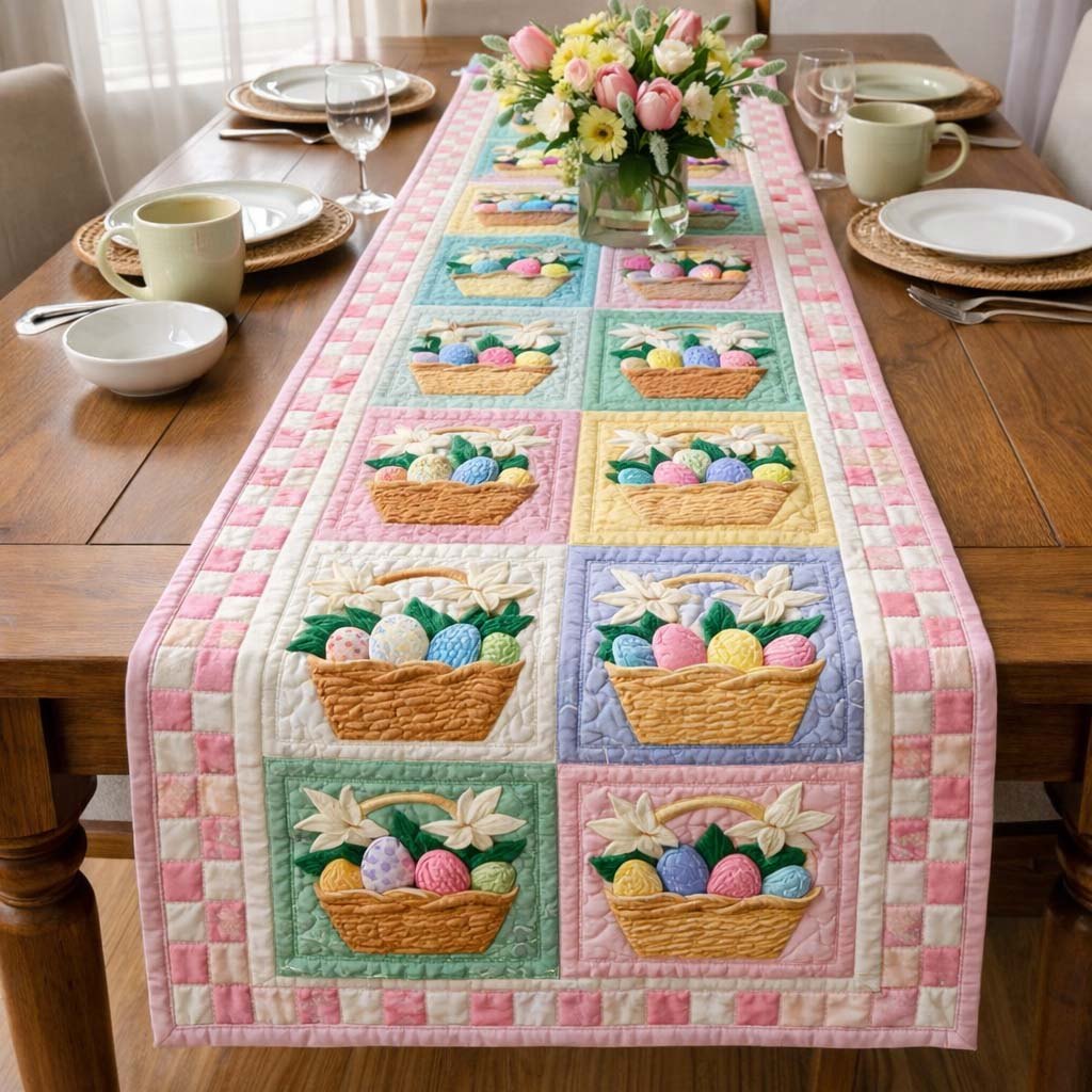 Egg Baskets in Pink Patchwork Squares Table Runner