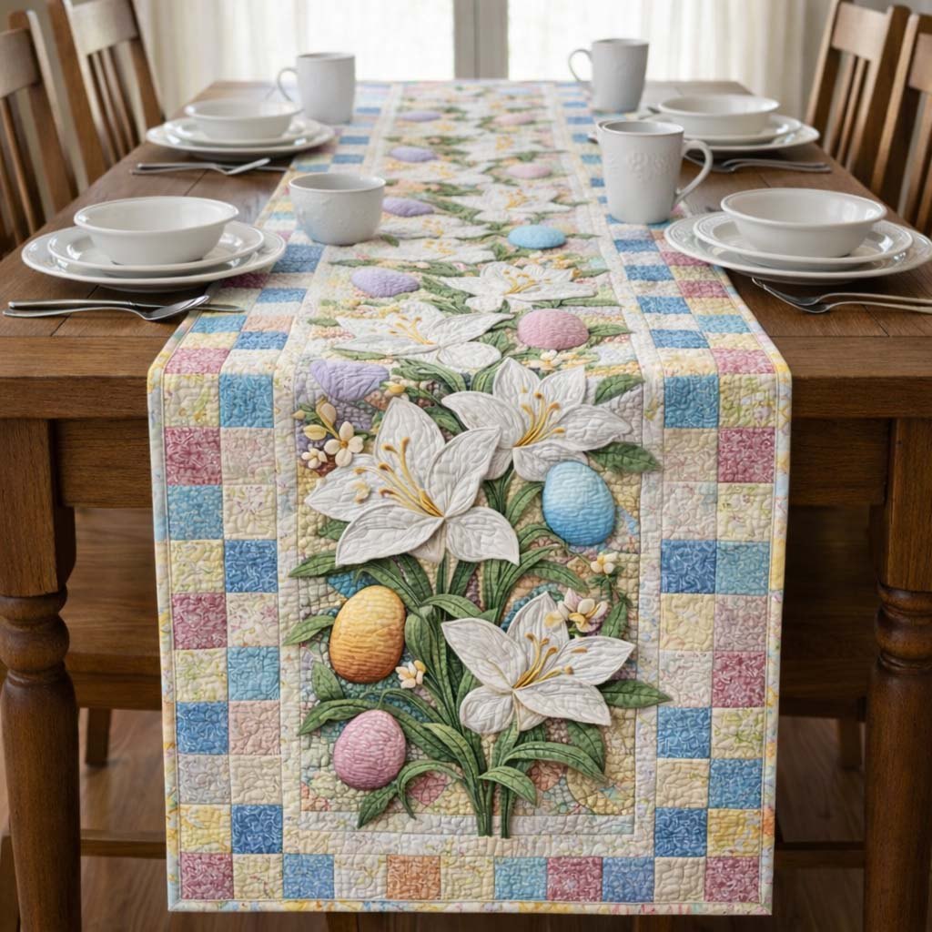 Easter Lilies and Eggs on Checkered Border Table Runner