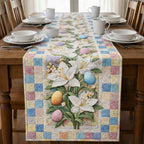 Easter Lilies and Eggs on Checkered Border Table Runner