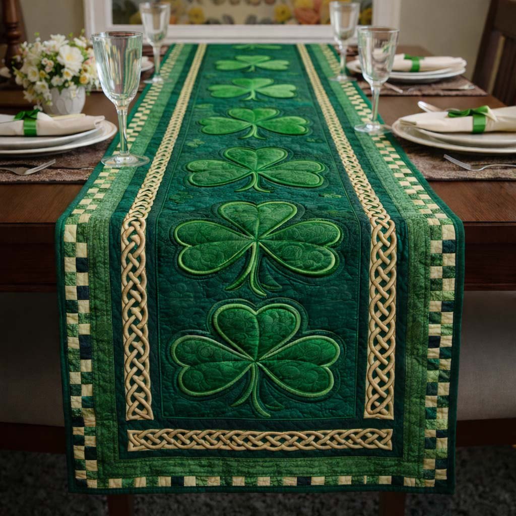 Green Shamrocks on Checkered Frame Table Runner