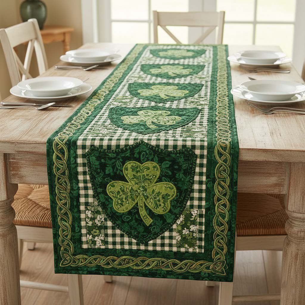Shamrock with Gingham Green Border Table Runner