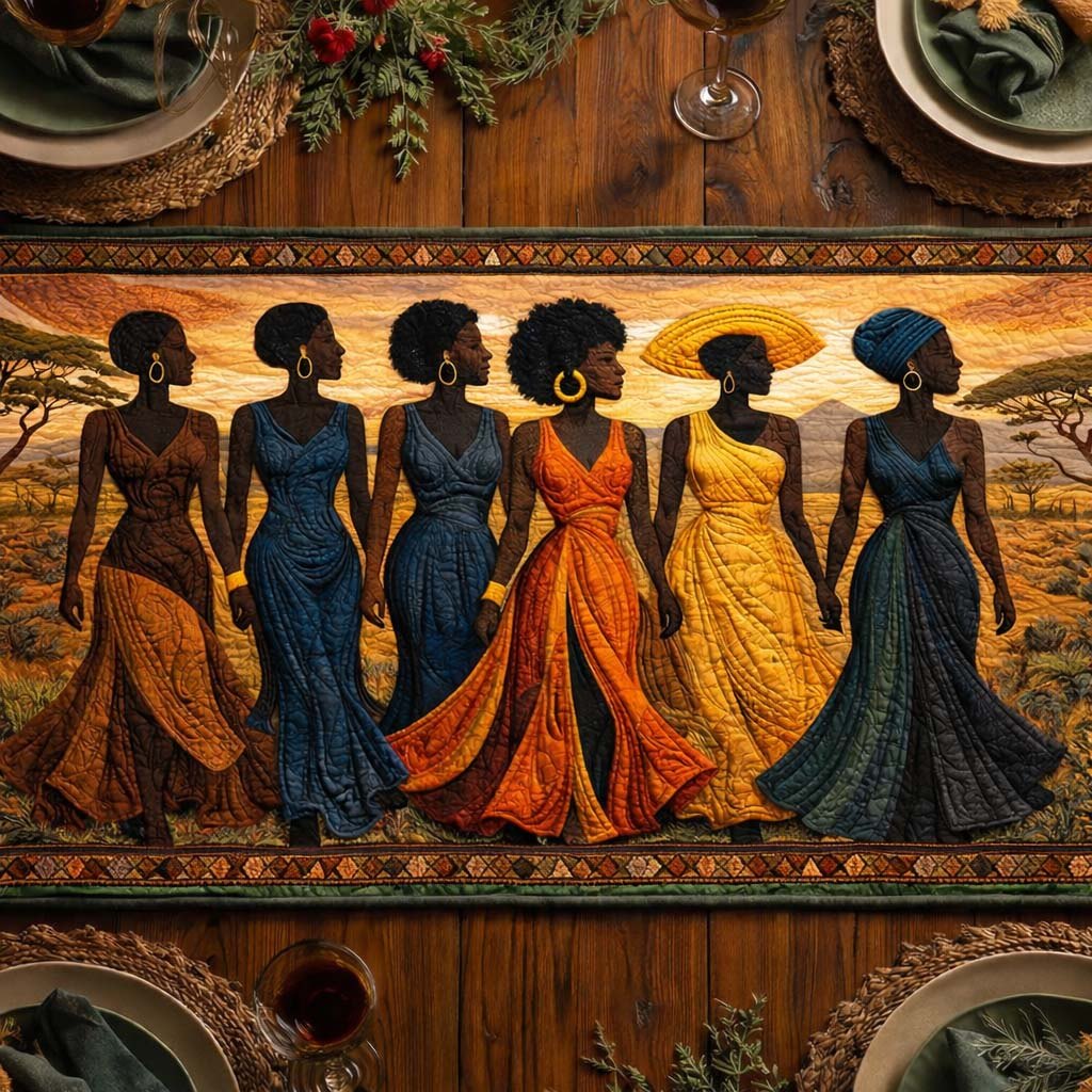 Women in Bright Dresses at Sunset Table Runner