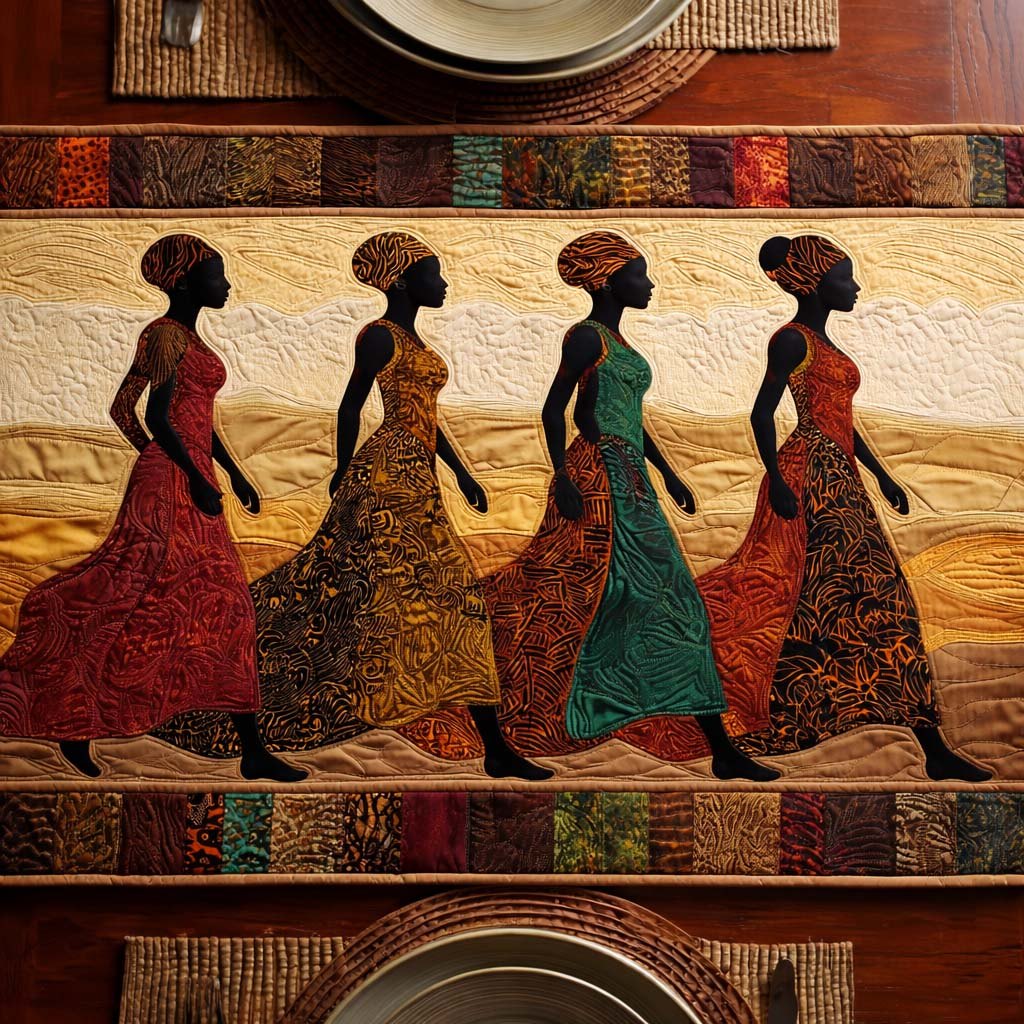 Walking Women in Patterned Dresses Table Runner