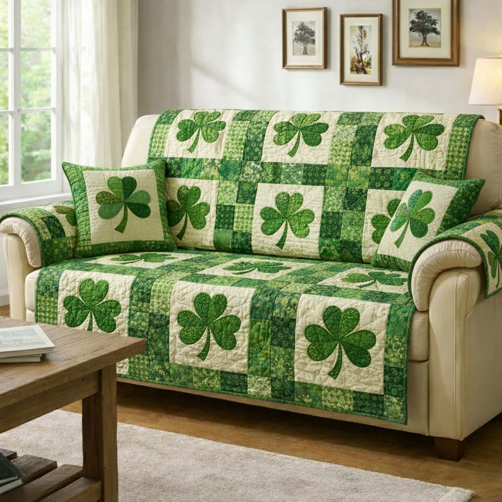 Shamrocks on the Green Checkerboard Sofa Cover
