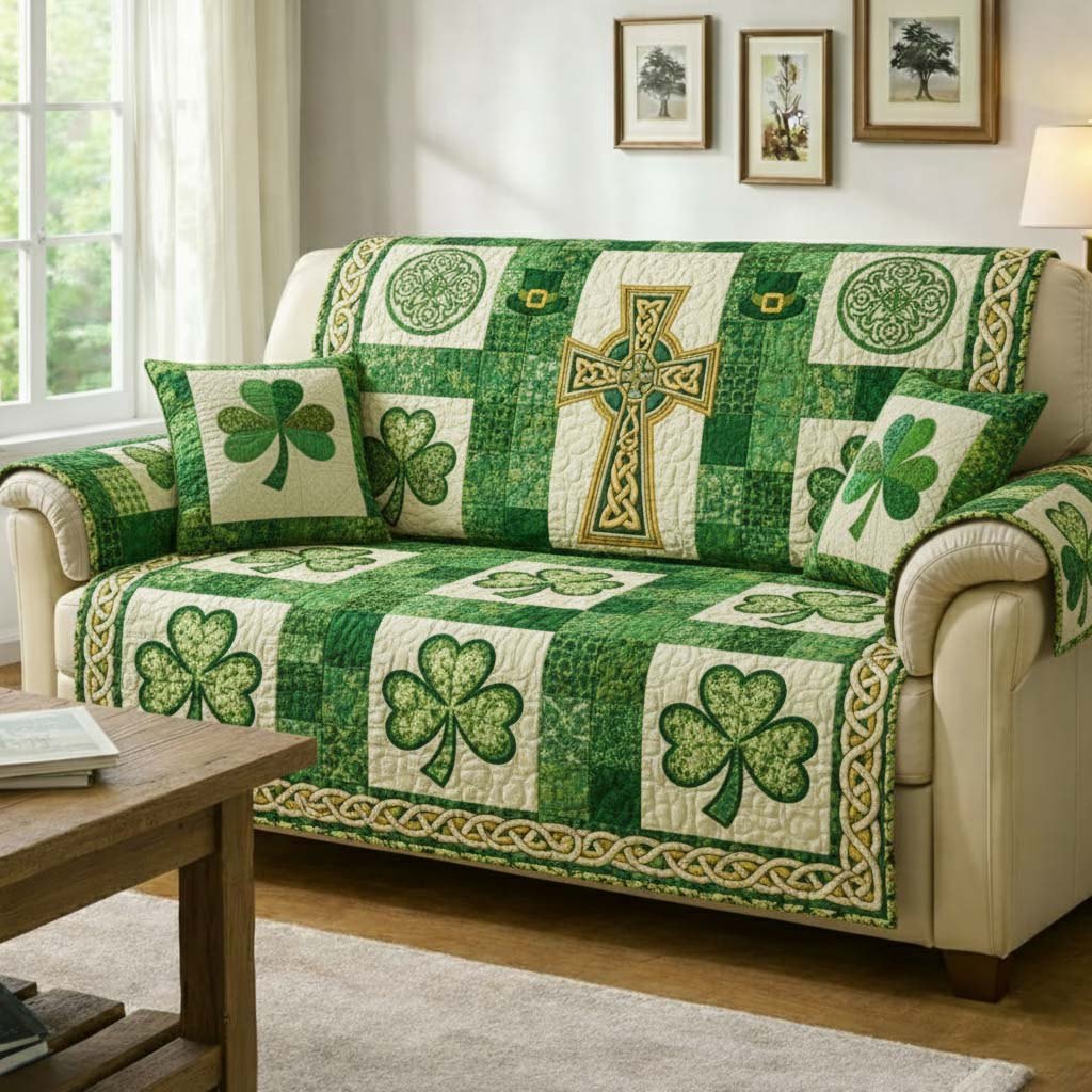 Celtic Cross Among Green Shamrocks Sofa Cover