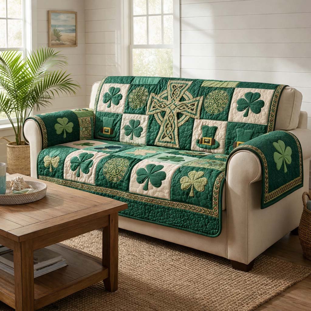 Celtic Cross Blocks in Green and White Sofa Cover