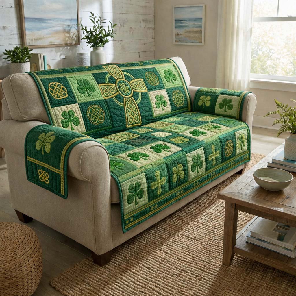 Celtic Knots and Clovers in Green Sofa Cover
