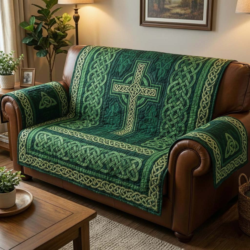 Celtic Cross on Emerald Knotwork Sofa Cover