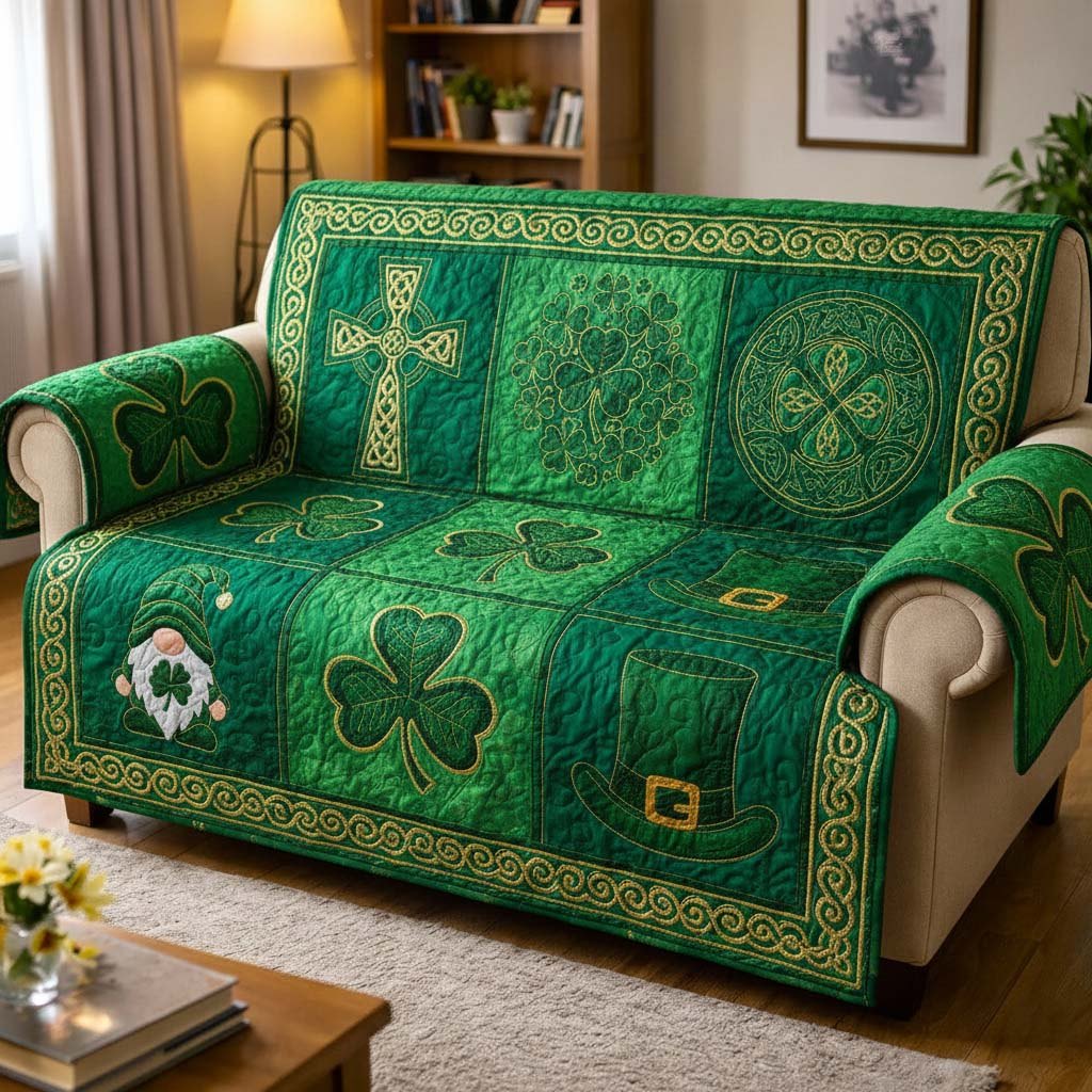 Celtic Cross and Clovers on Emerald Sofa Cover