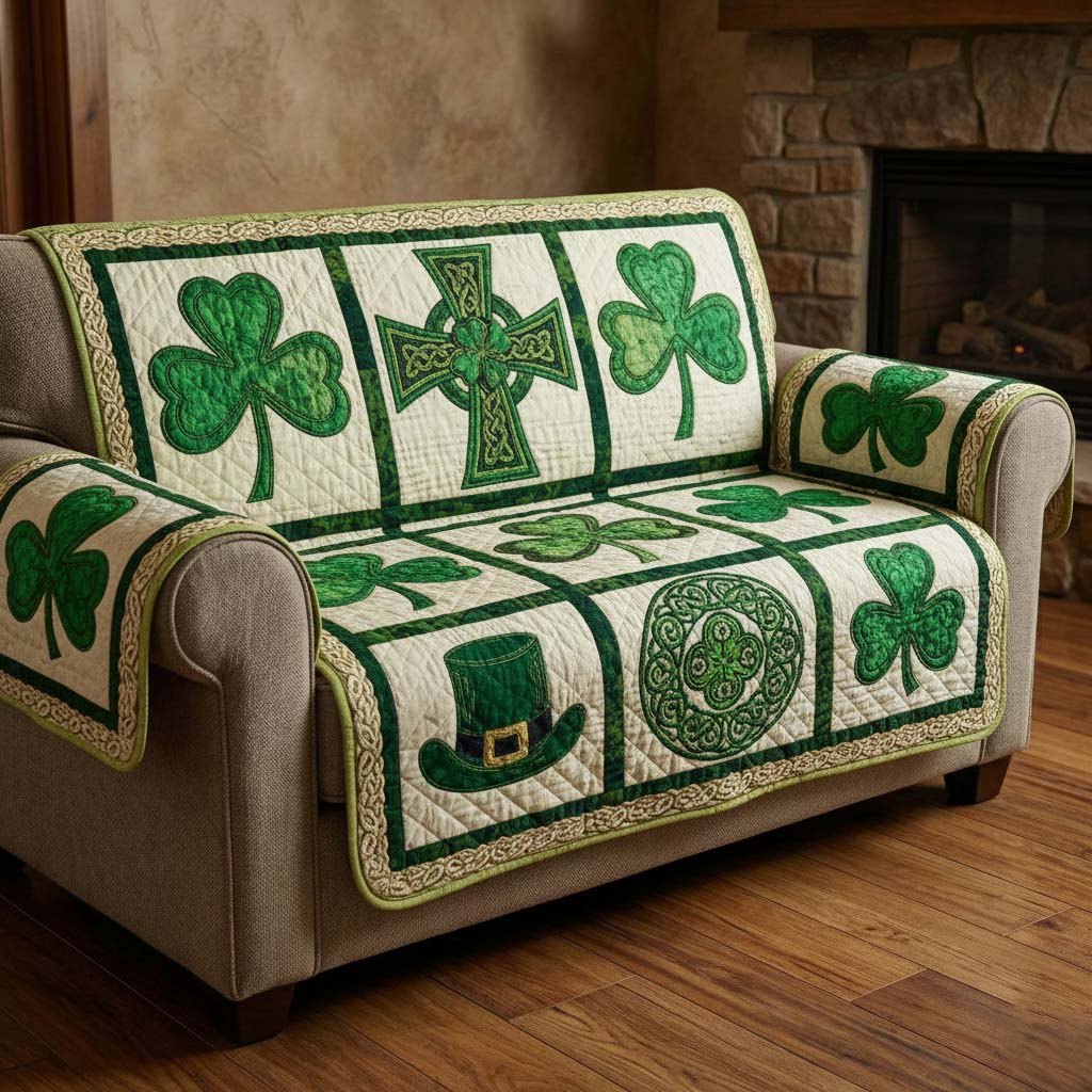 Green Top Hat and Clover Blocks Sofa Cover