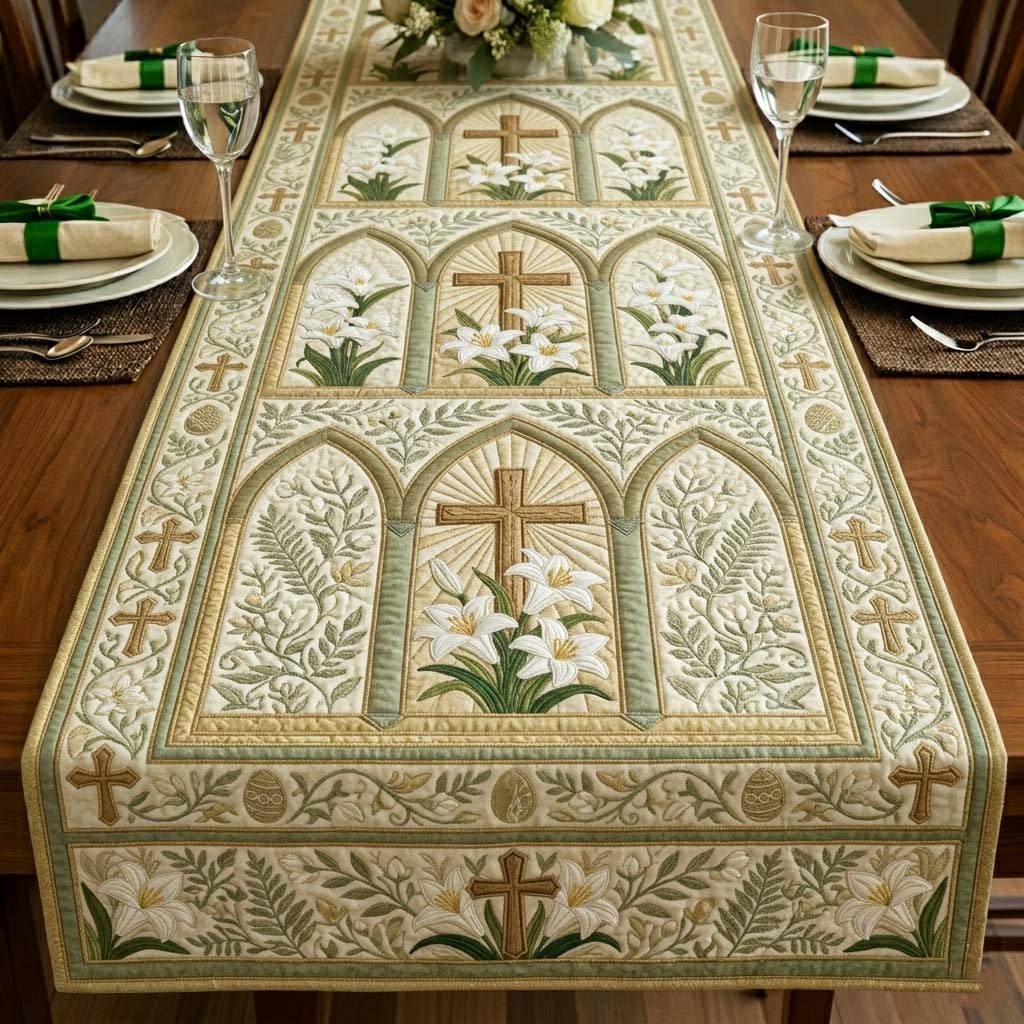 Cross and Lilies in Cream Arches Table Runner